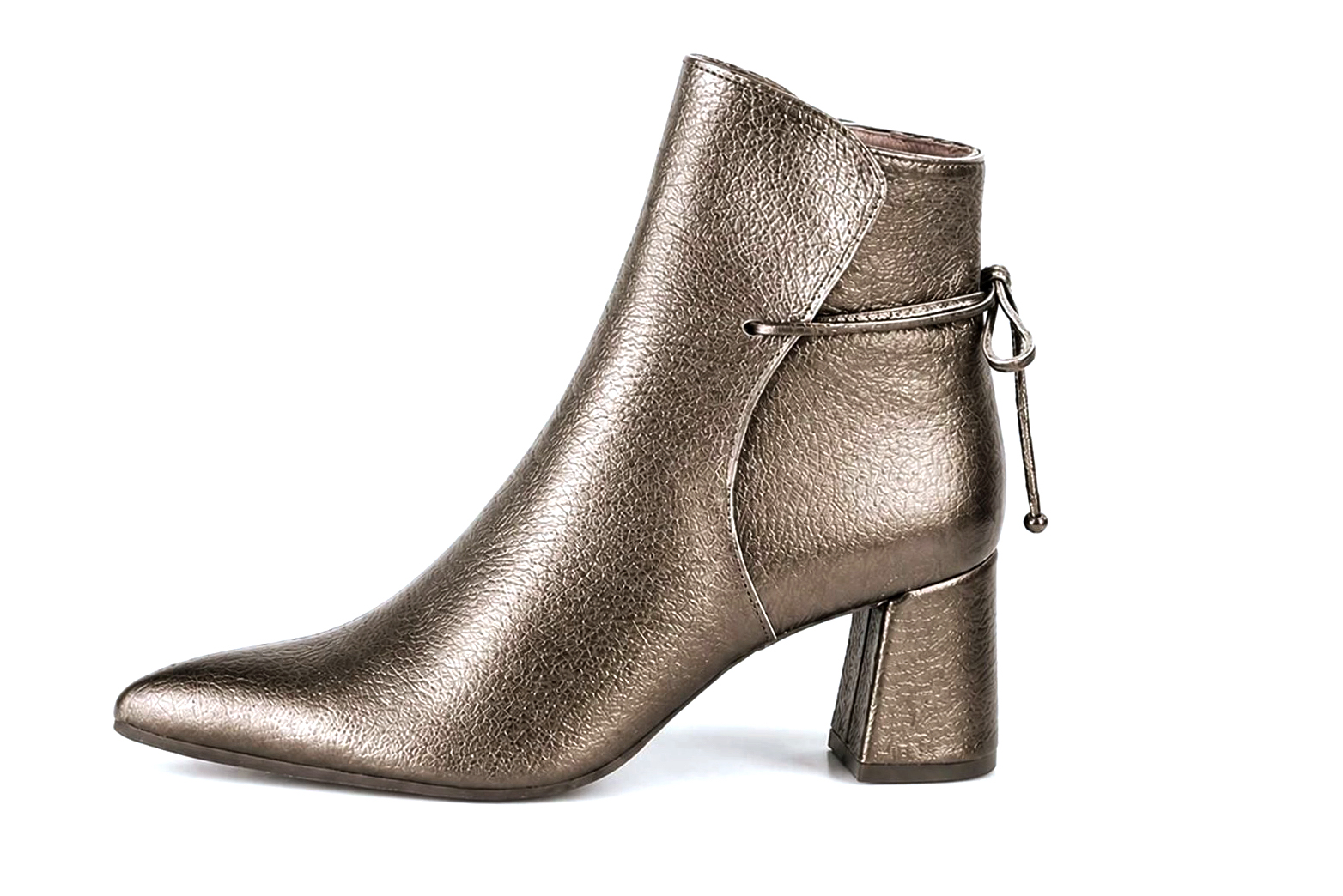 Women's bronze back lace-up ankle boots with almond toe and mid flared heel - Profile view
